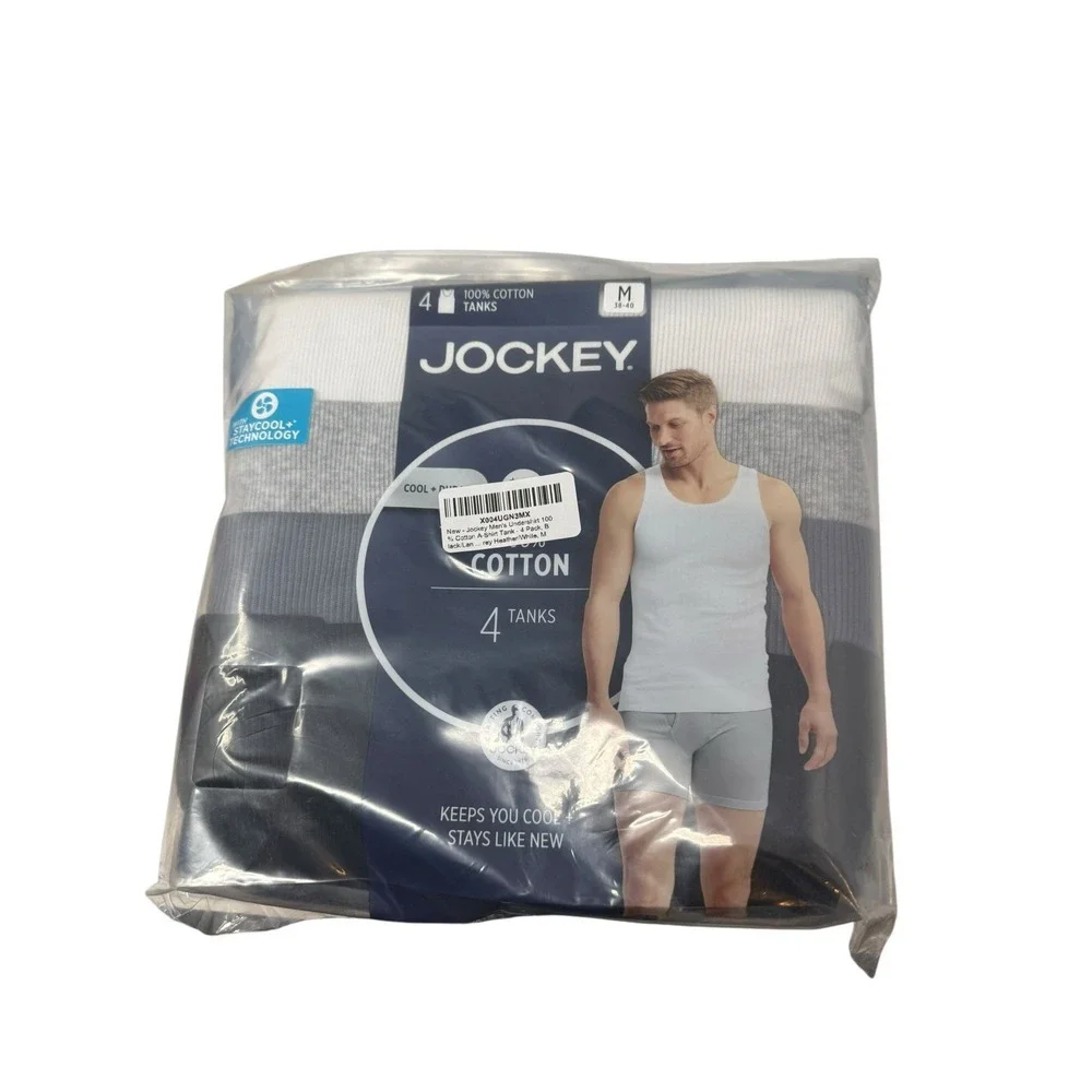 Jockey Men's 100% Cotton A-Shirt Tank 4-Pack - Black/Grey Heather, Size M 38-40‎